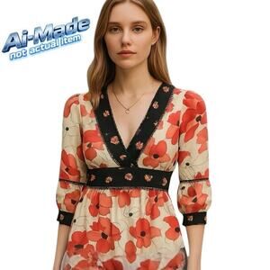 Fei Women Silk Coral Pink & Black. Floral Top Sz 2 4 S Vintage Anthropologie Y2K